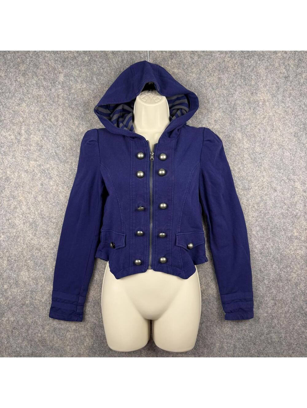 Vintage Military Band Cropped Jacket Hood Navy Blue Women Medium Gothic Emo 588